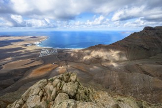 View from the Risco de Famara cliffs to the coast and the sea with the Famara beach, Playa de