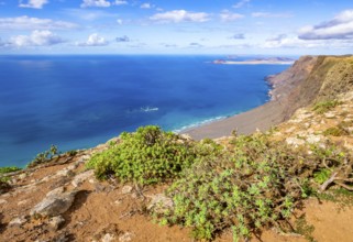 Castillejo viewpoint, view from the Risco de Famara cliffs to the coast and the sea with the Famara