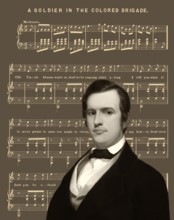 Portrait of Stephen Collins Foster with the sheet music of his minstrel song A soldier in the