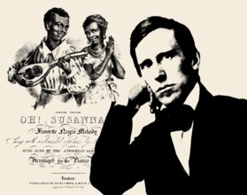 Portrait of Stephen Collins Foster with the cover of his minstrel song Oh! Susanna, digitally