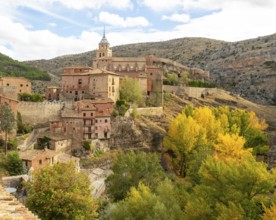 Historic buildings on hillside medieval village of Albarracin, Teruel province, Aragon, Spain