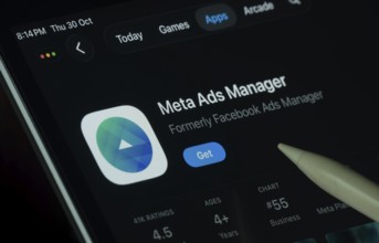 Dhaka, Bangladesh- 30 Oct 2025: meta ads manager app displayed on a iPad screen in dark mode with a