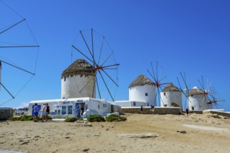 Mykonos, Cyclades, Greece - The six sixteenth-century windmills, lined up on a hill above Mykonos