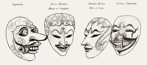 Javanese Topeng masks, 1817, from History of Java by Sir Thomas Stamford Bingley Raffles, 1781 –