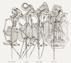 Wayang figures, traditional Javanese form of puppet theatre, 1817, from History of Java by Sir