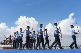 Indian Air Force personnel performs a bayonet drill demonstration on the bank of Brahmaputra river,