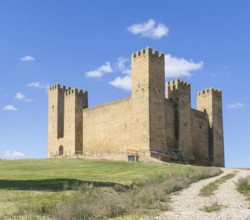 Historic walls and towers of Castillo de Sádaba, Sadaba castle, Zaragoza province, Aragon, Spain
