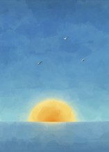 Dramatic scene of sun rising from the oceanand flying seaguls. Graphic arts postcard template,