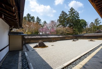 Kare-san-sui Japanese rock garden, Hojo Teien in Ryoan-ji, Zen Buddhist temple complex, in spring,