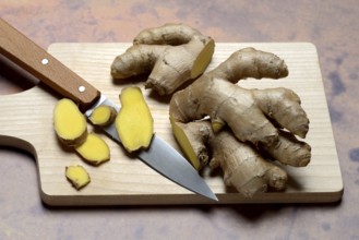 Ginger, ginger root cut with ginger slices on wooden boards