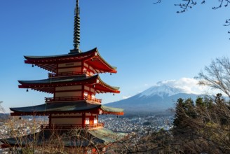 Five-story pagoda of a Shinto Shrine, Chureito Pagoda, with views of Fujiyoshida City and Mount