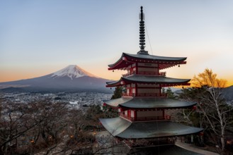 Five-story pagoda of a Shinto Shrine, Chureito Pagoda, with views of Fujiyoshida City and Mount
