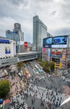 Modern houses with colorful neon signs and large road intersection, Shibuya Crossing from above,
