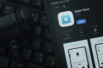 Dhaka, Bangladesh- 28 Oct 2025: An iPad displaying the Apple Store app against a judge's gavel and