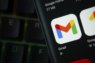 Dhaka, Bangladesh- 27 July 2025: Close-up of smartphone screen showing the Gmail app icon with a