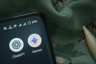 Dhaka, Bangladesh- 07 May 2025: ChatGPT and Gemini app icon is seen on smartphone