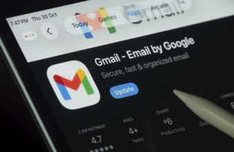 Dhaka, Bangladesh- 30 Oct 2025: Gmail app displayed on a iPad screen in dark mode with a digital