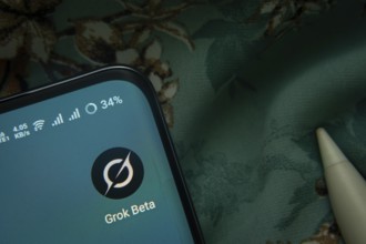 Dhaka, Bangladesh- 07 May 2025: Grok Beta app icon is seen on smartphone