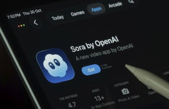 Dhaka, Bangladesh- 30 Oct 2025: Sora Ai app displayed on a iPad screen in dark mode with a digital