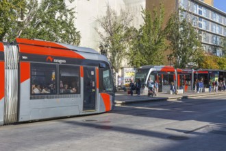 Light rail tram city public transport system CAF Urbos 3 trams, Tranvía de Zaragoza, Zaragoza,