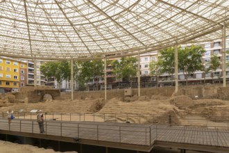 Covered ruins of Roman theatre amphitheatre, Zaragoza, Aragon, Spain