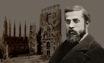 Portrait of Antoni Gaudí i Cornet, 1852 – 1926, Catalan architect and designer from Spain, the