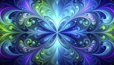 Symmetric Abstract Bright Liquid Ornament Background, futuristic wallpaper template illustration,