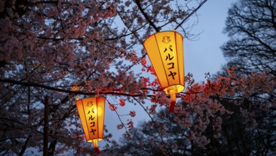 Blooming cherry trees and illuminated lanterns with Japanese writing in the evening, Hanami