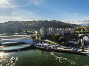 Conwy Castle over River Convy from a drone, Convy, North Wales, England, United Kingdom