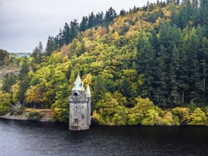 Llyn Brianne Dam and Reservoir from a drone, Lake Vyrnwy, Powys, Wales, England, United Kingdom