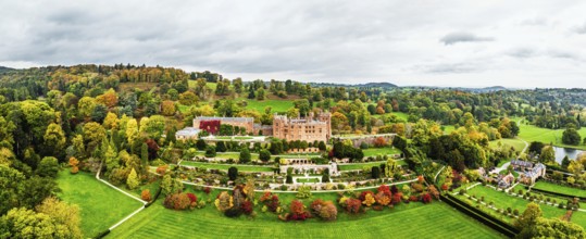 Autumn colours over Powis Castle and Garden from drone, Welshpool, Powys, Wales, England, United