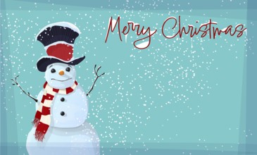 Winter Holidays editable vector text card with cute snow man wearing a fancy hat and scarf.
