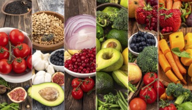 Food collage of various biological and organic fruits and vegetables, fresh healthy lifestyle, with