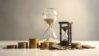 Hourglass and stacked golden coins, illustrating currency fluctuation and time impact commodities