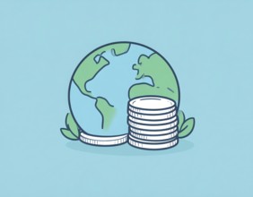 Green earth globe with silver coin stack symbolizing global finance economy and sustainable growth,