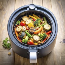Air fryer with grilled vegetables, wooden table in the kitchen, healthy eating, healthy vegetarian