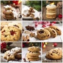 Collage of Christmas cookies and sweets, variation of sweet desserts, lots of unhealthy calories,