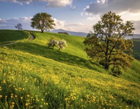 Spring blooming landscape, trees in the foreground, green hills covered with blooming flowers,