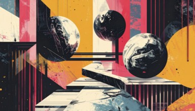 Vector art illustration, spheres, rectangles, triangles and geometric pattern, vector wallpaper