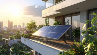 Sunlight Glinting Off Solar Panels on Contemporary Apartment Balcony, energy solution, concept of