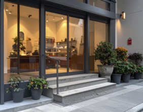Modern building entrance with stairs, glass facade, and plants in warm evening light, empty