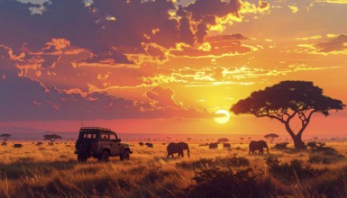 African savannah sunrise with a jeep safari and elephants, AI generated