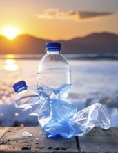 Crushed plastic water bottle waste in a wild landscape, symbol for nature protection, waste