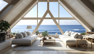 Peaceful A-frame cabin interior with ocean views, real estate lifestyle and travel destination,