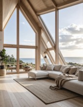 Peaceful A-frame cabin interior with ocean views, real estate lifestyle and travel destination,