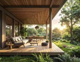 An eco-friendly porch designed for sustainable living in an environmentally-conscious home, lush