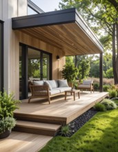 An eco-friendly porch designed for sustainable living in an environmentally-conscious home, lush