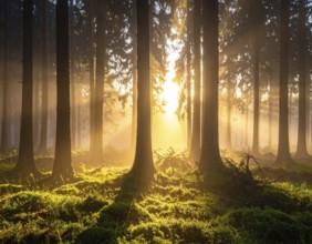 Sunlight streaming through a dense, misty forest, Fog covered forest in summer with mystic golden