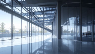 Modern architectural framework with glass and steel structure, glass facade with a greed of steel