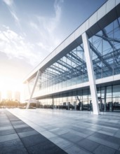 Modern architectural framework with glass and steel structure, glass facade with a greed of steel